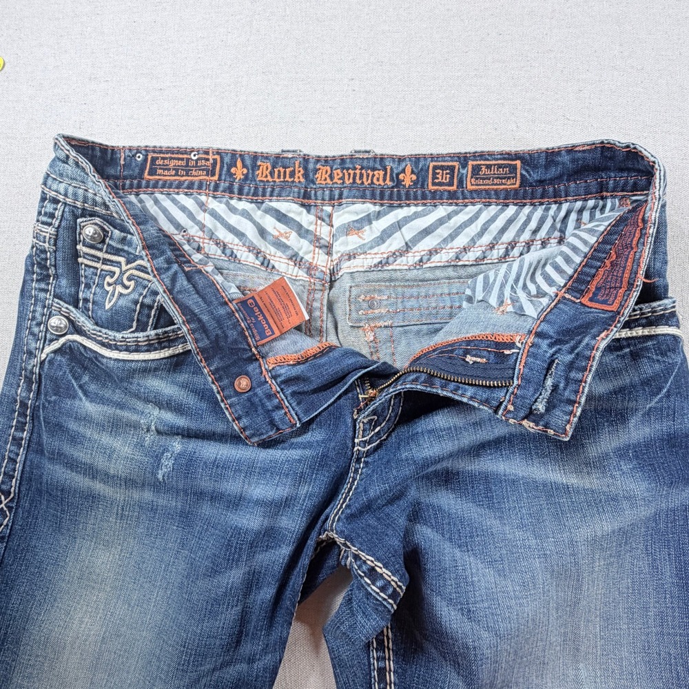 Rock Revival Julian Relaxed Straight Jeans Mens Size 35 Embroidered - Picture 4 of 7